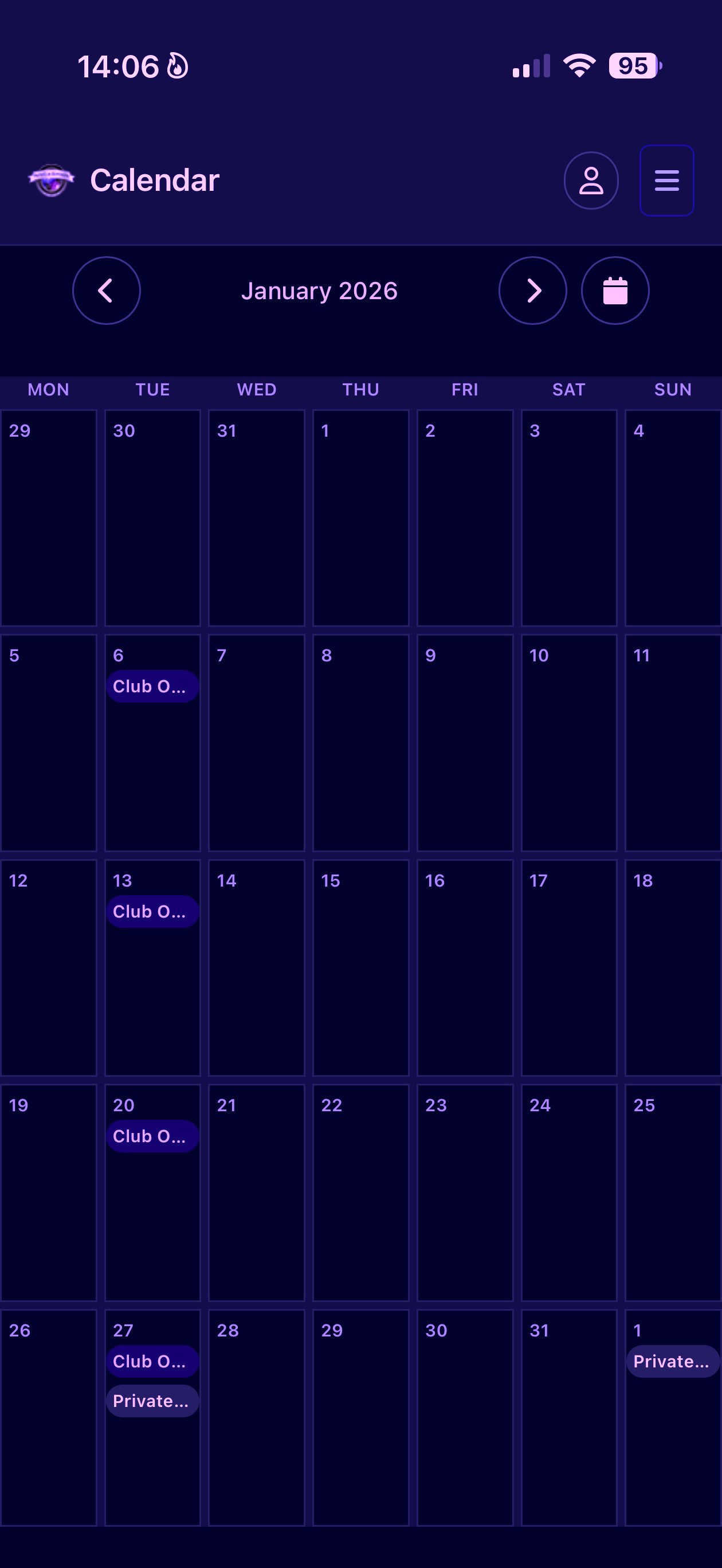 Calendar view showing public events before sign-in